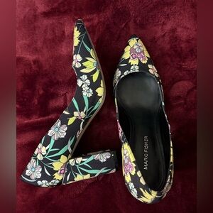 Marc Fisher Black and Yellow Floral Heels